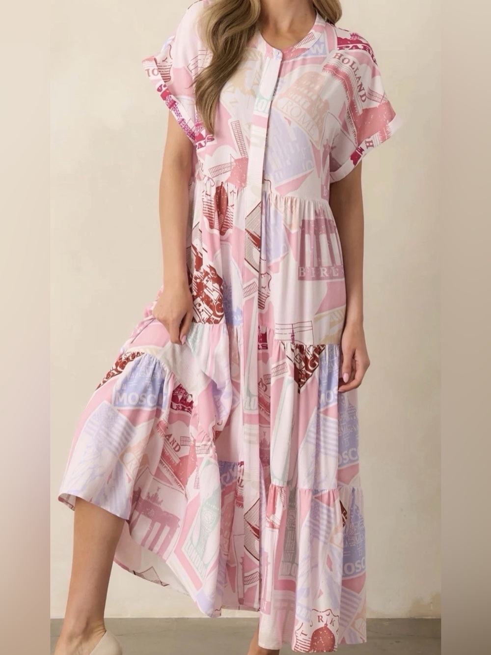 Prosperina MALLORY PASSPORT PRINT PINK MIDI DRESS NWT Size L